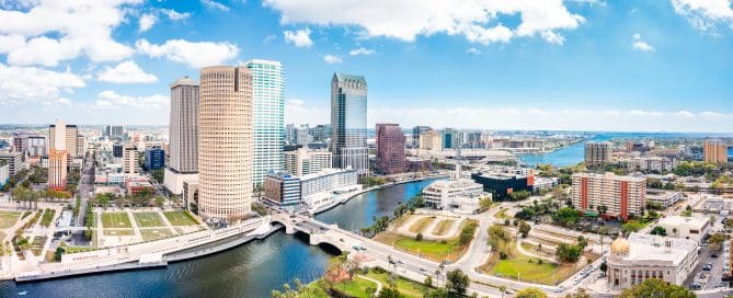 Aerial panorama of Tampa, Florida skyline. Tampa is a city on the Gulf Coast of the U.S. state of Florida.
