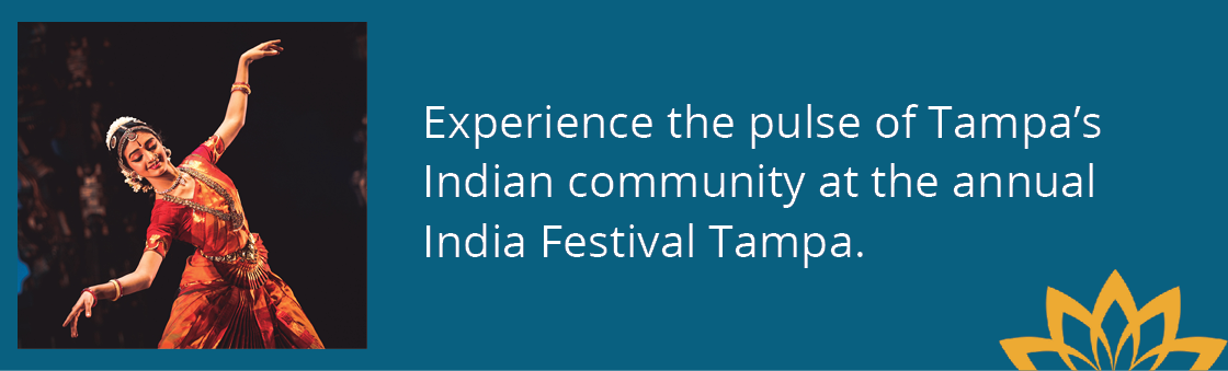 woman dancing on stage at the Tampa India Festival with text overlay